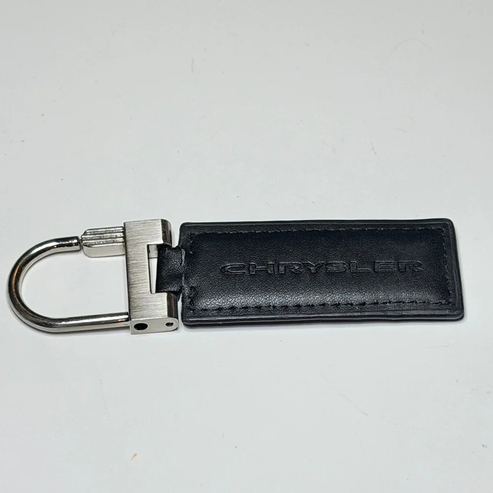 Chrysler Black Leather Keychain Silver Swivel Clip Embossed Wing Logo Fob